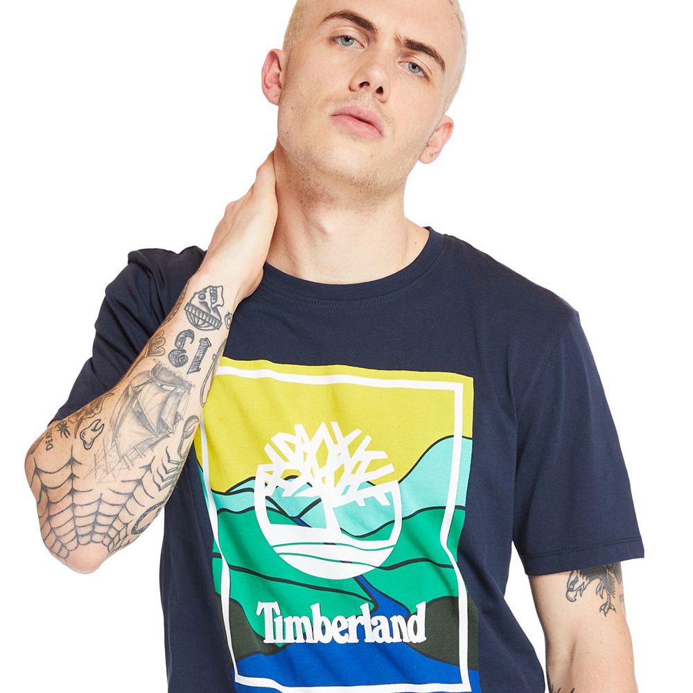 Timberland Mens T-Shirts Kennebec River Horizon Graphic - Navy - India LD0862397